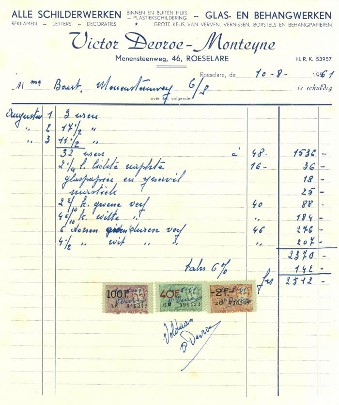 Factuur Victor Devroe - Monteyne, Roeselare , 1961