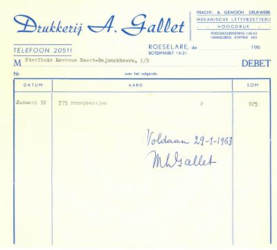 Factuur van Drukkerij A. Gallet, Roeselare , 1963
