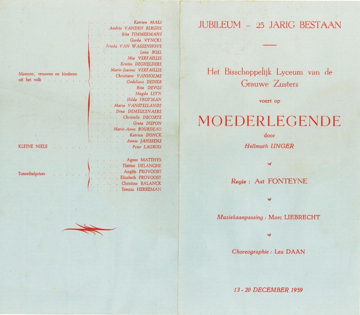 Programmabrochure van de opvoering Moerderlegende in het bisschoppelijk Lyceum, Roeselare , 1959