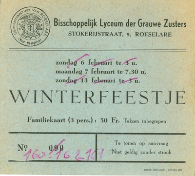 Toegangskaart tot het winterfeest  van het bisschoppelijk Lyceum, Roeselare