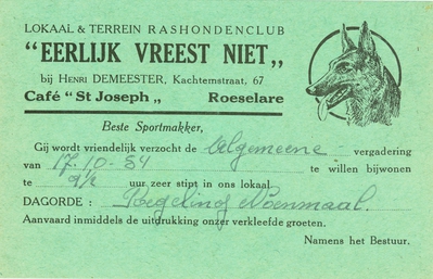 Uitnodiging algemene vergadering van de rashondenclub, Roeselare, 1954