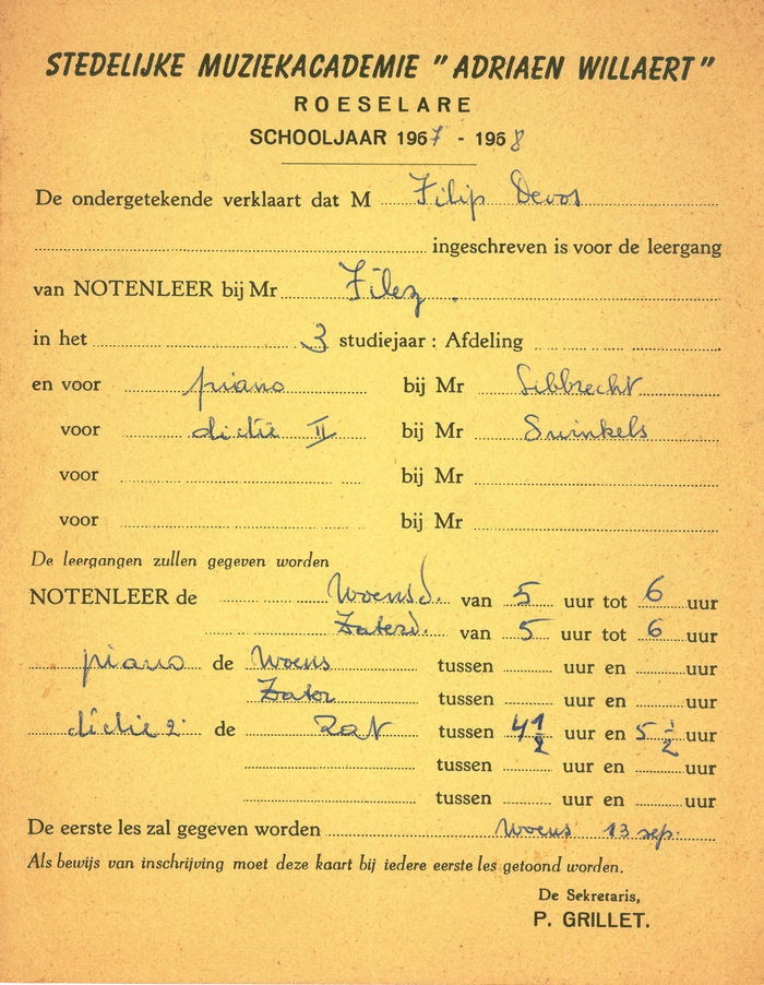 Inschrijving en rapport van de stedelijke muziekacademie, Roeselare, 1968