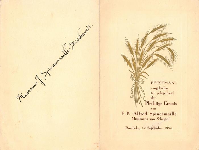 Spijskaart voor het feestmaal ter gelegenheid van de eremis van E.P. Alfred Spincemaille, Rumbeke, 1954