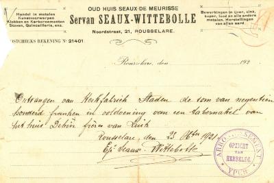 Ontvangstbewijs van Oud Huis Seaux-De Meurisse, Roeselare, 1921