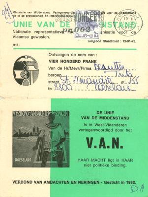 Lidkaart van V.A.N, Roeselare, 1975