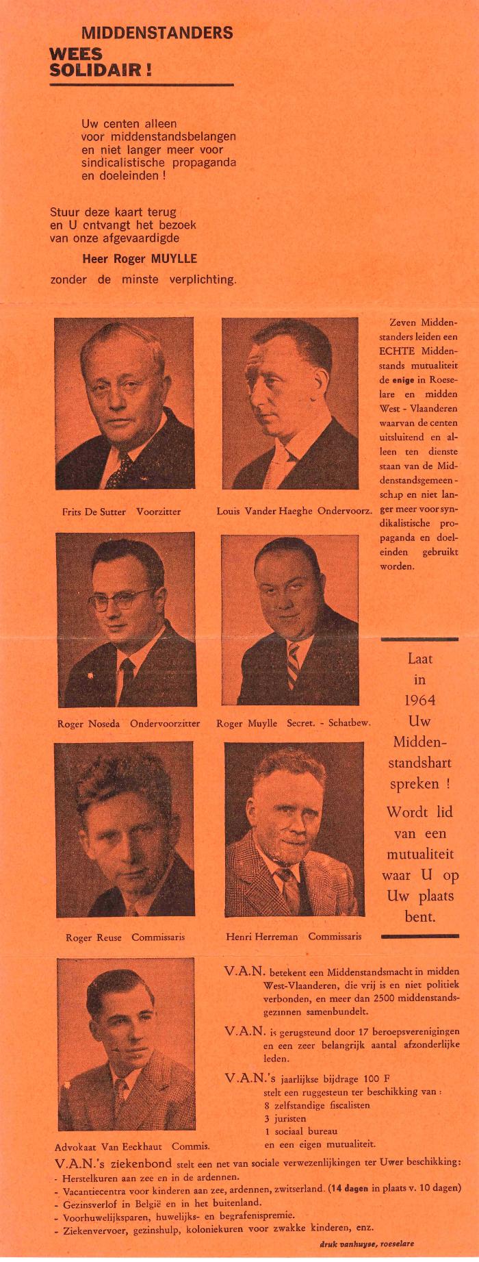 Promotiefolder voor de mutualiteit V.A.N, Roeselare, 1964