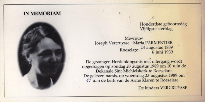 Uitnodiging tot herdenkingsmis, Roeselare,  1989