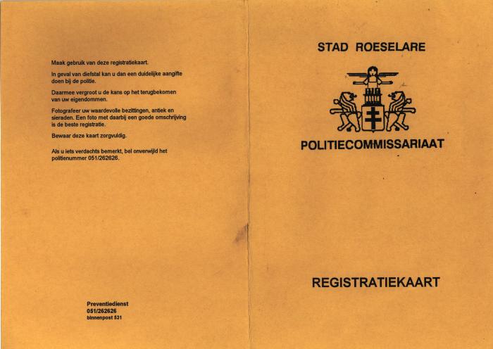 Registratiekaart politiecommissariaat stad Roeselare