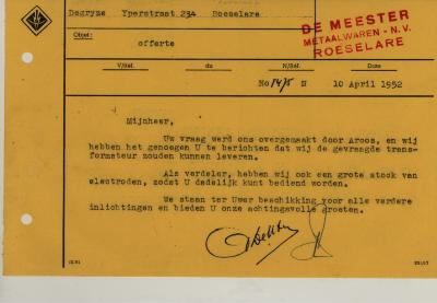 Offerte van metaalhandel De Meester, Roeselare, 1952