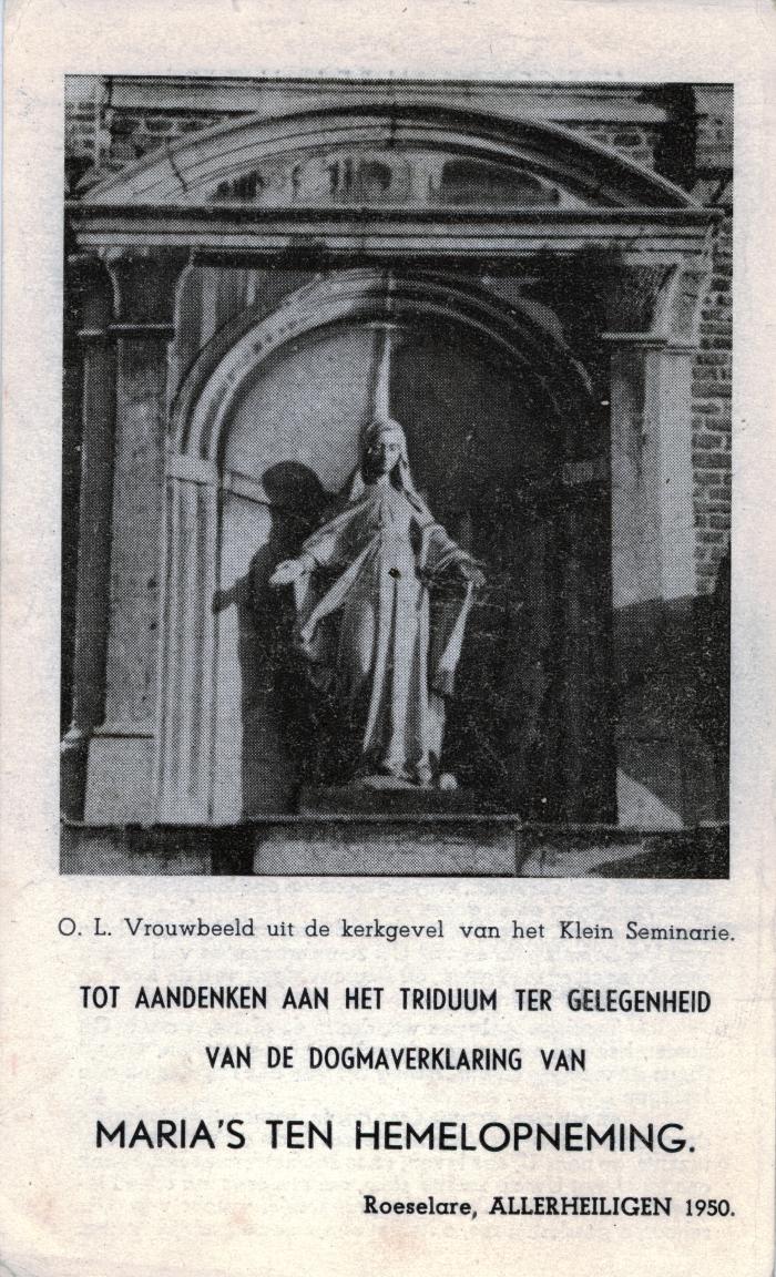 Bidprentje tot aandenken aan het triduum ter gelegenheid van de dogmaverklaring van Maria's ten hemelopneming Roeselare, 1950 