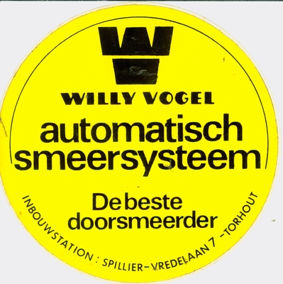 Sticker Willy Vogel, automatisch smeersysteem, Torhout. 