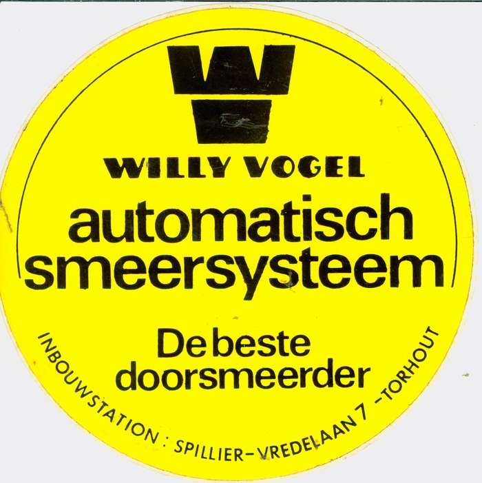 Sticker Willy Vogel, automatisch smeersysteem, Torhout. 
