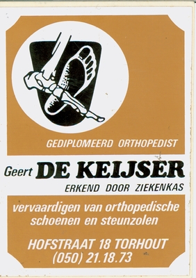 Sticker Geert De Keijser, gediplomeerd orthopedist, Torhout.