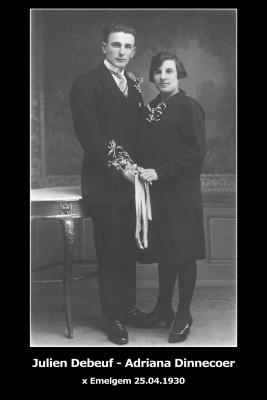 Huwelijksfoto Julien Debeuf en Adriana Dinnecoer, Emelgem, 1930