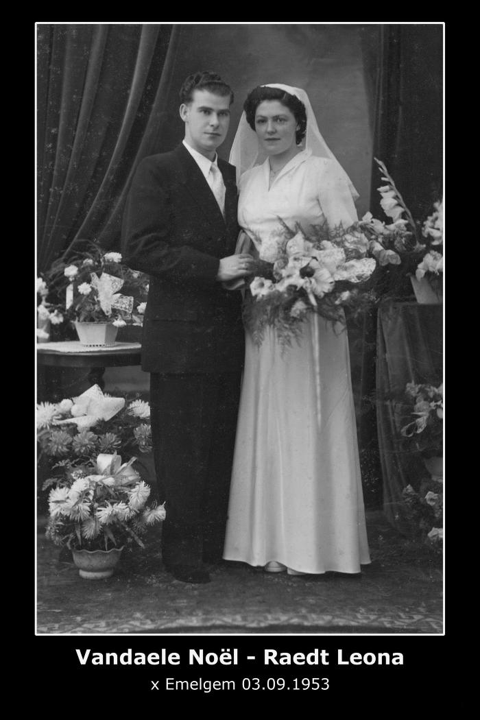 Huwelijksfoto Noël Vandaele en Leona Raedt, Emelgem, 1953