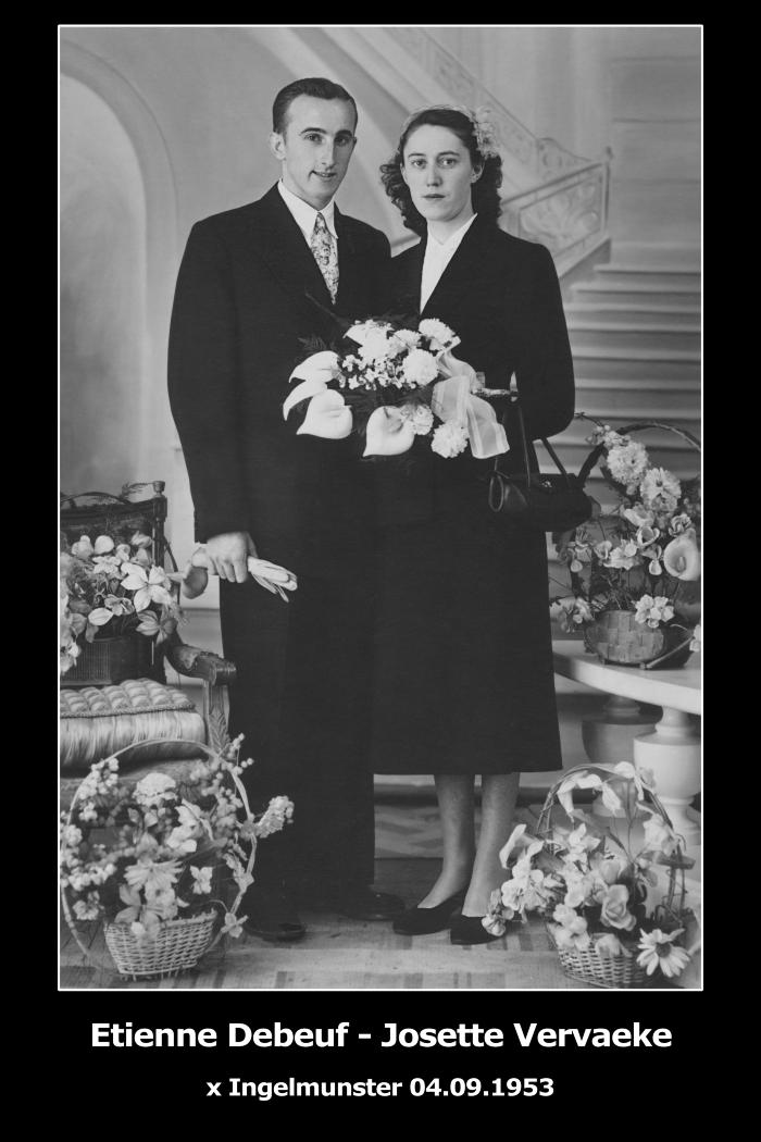 Huwelijksfoto Etienne Debeuf en Josette Vervaeke, Ingelmunster, 1953