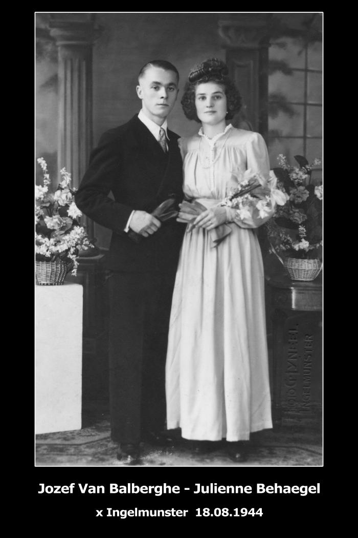 Huwelijksfoto Jozef Van Balberghe en Julienne Behaegel, Ingelmunster, 1944