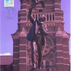 Postzegel Albrecht Rodenbach, afgestempeld 2001, Roeselare, gekleefd op blad met foto van standbeeld Albrecht Rodenbach en vermelding 40 jaar V.R.P. op.