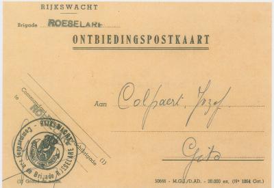 Ontbiedingspostkaart van de Rijkswacht, Brigade Roeselare, 21 mei 1959.