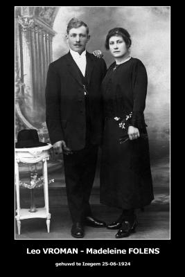 Huwelijksfoto Leo Vroman - Madeleine Folens , Izegem, 1924