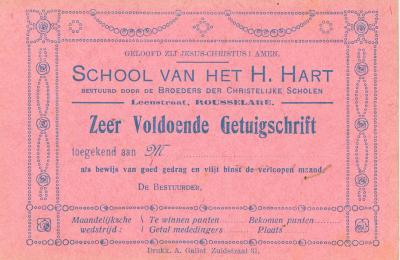 Getuigschrift van school van het H. Hart in Roeselare.