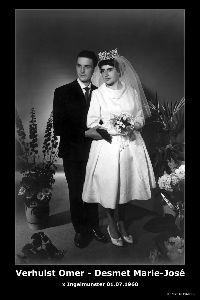 Huwelijksfoto Omer Verhulst - Marie-José Desmet, Ingelmunster, 1960