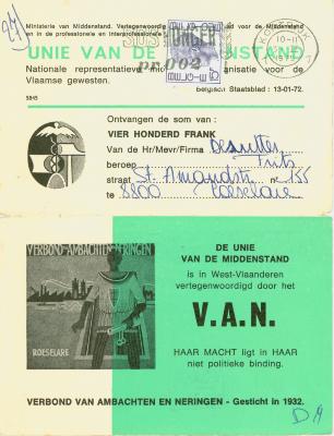 Lidkaart V.A.N. van de Desutter Frits, 1975, Roeselare.
