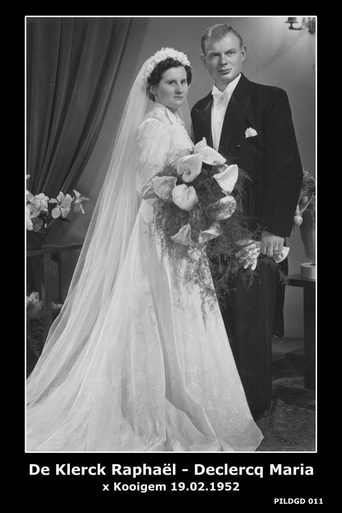 Huwelijksfoto Raphaël De Klerck - Maria Declercq , Kooigem , 1952