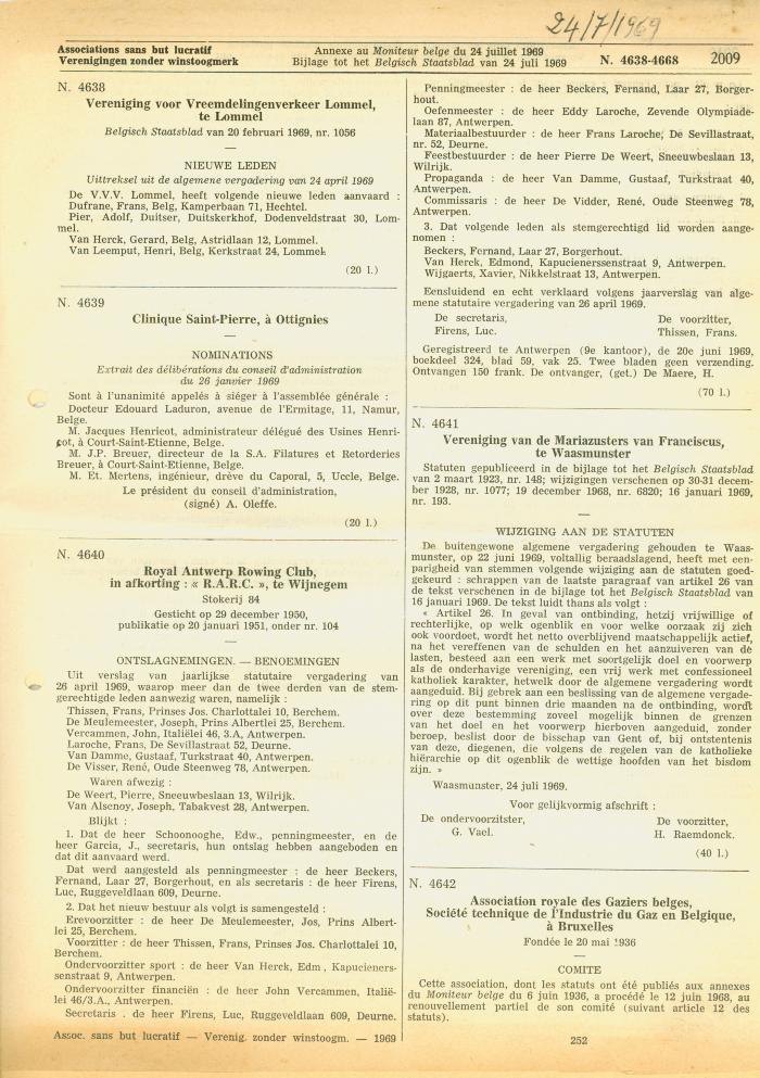 Bijlagen tot het Belgisch Staatsblad van 24 juli 1969 en van 19 augustus 1965.