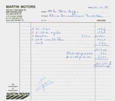 Factuur Martin Motors voor dhr. Deschepper, 12 december 1986, Roeselare.