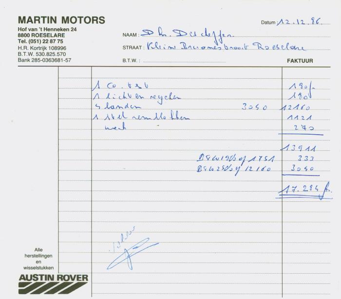 Factuur Martin Motors voor dhr. Deschepper, 12 december 1986, Roeselare.