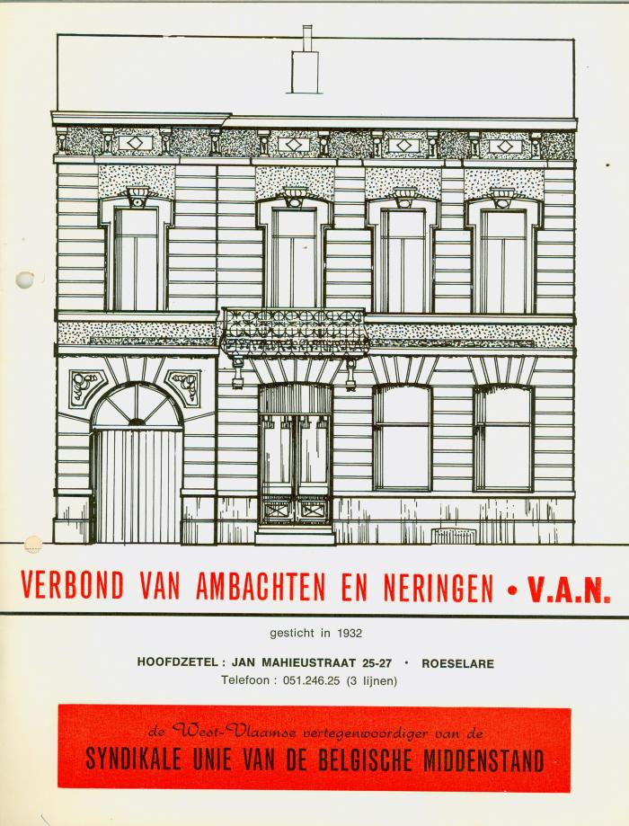 Brochure Verbond van Ambachten en Neringen, V.A.N., hoofdzetel in Roeselare. 