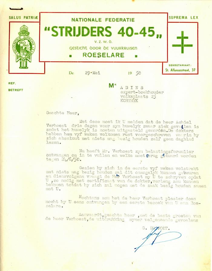 Brief van de nationale federatie "strijders 40-45" vzw, 29 mei 1950, Roeselare aan Mr Adins, Kortrijk.