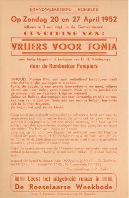 Reclameblaadje voor een opvoering van 'Vrijers voor Tonia' door de Rumbeekse pompiers op zondag 20 en 27 april 1952.