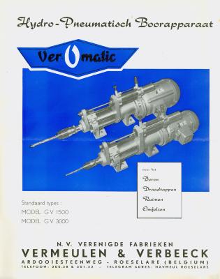 Reclameblaadje Hydro-Pneumatisch Boorapparaat Vermatic van N.V. verenigde fabrieken Vermeulen en Verbeeck, Roeselare.