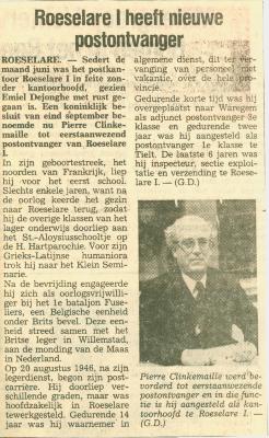 Krantenartikel Roeselare I heeft nieuwe postontvanger, Roeselare. 