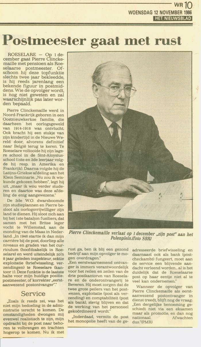Krantenartikel Postmeester gaat met rust, Het Nieuwsblad 12 november 1986, Roeselare.