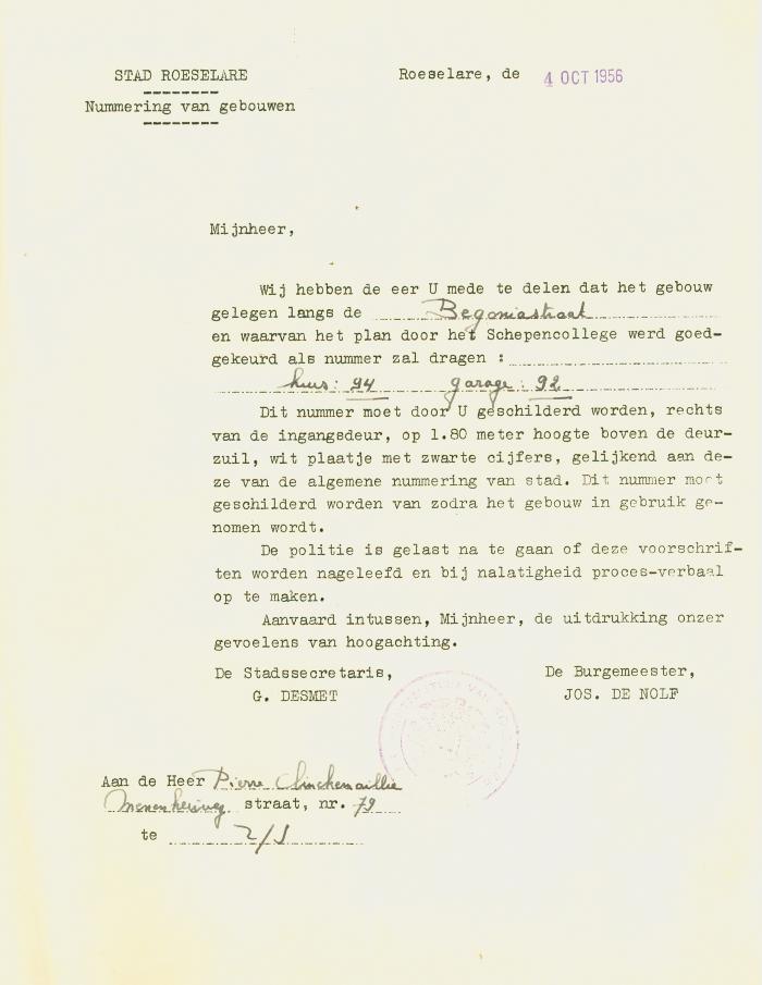 Brief Stad Roeselare voor heer Pierre Clickemaillie, 4 oktober 1956, Roeselare.