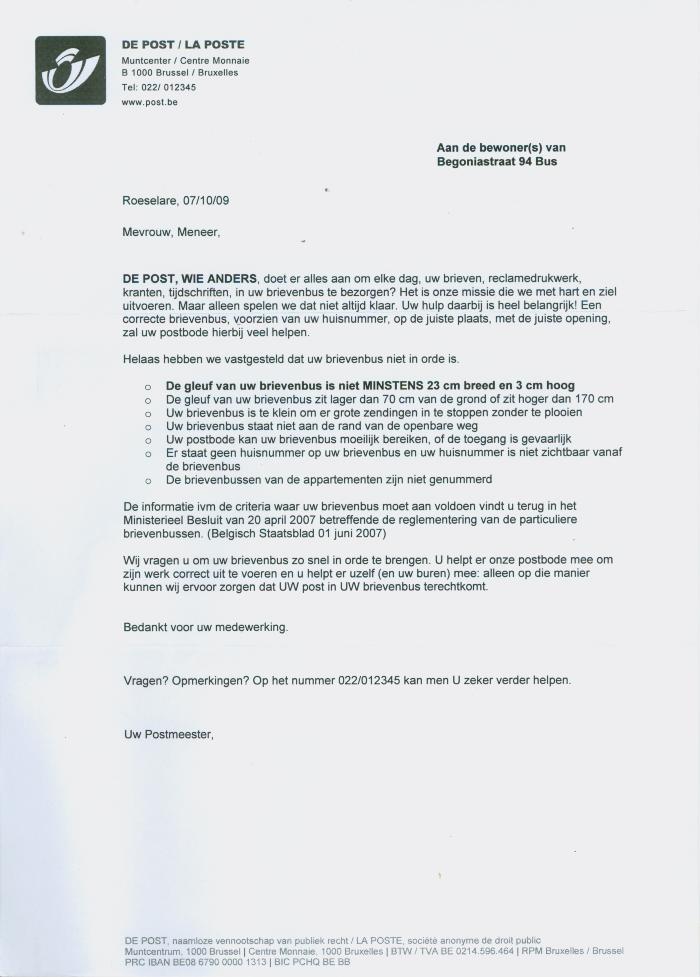 Brief van de Post aan de bewoners van Begoniastraat 94 van 7 oktober 2009, Roeselare. 
