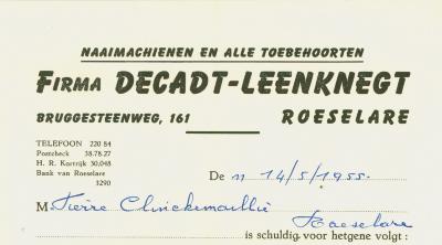 Ontvangstbewijs firma Decadt-Leenkenegt, Roeselare voor Mr Pierre Clinckemaillie, Roeselare van 14 mei 1955.