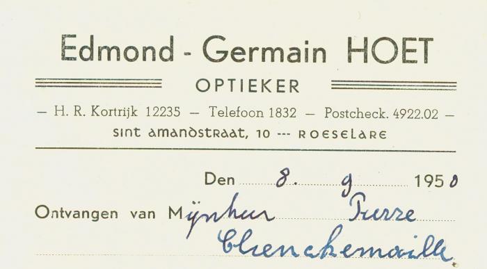 Ontvangstbewijs optieker Hoet, Roeselare van 9 september 1950 van mijnheer Pierre Clickemaille. 