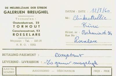 Betaalbewijs De meubelzaak der streek Galerijen Breughel, Torhout en Roeselare aan Mr Clinckemallie, Roeselare van 12 juli 1960.
