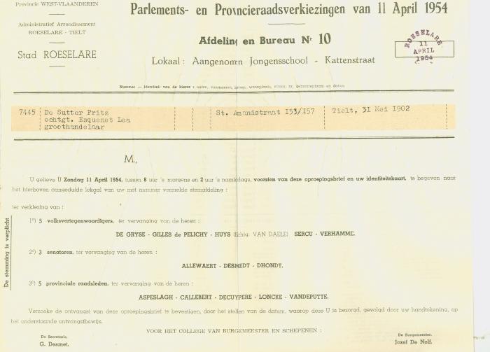 Oproepingsbrief voor parlements- en provincieraadverkiezingen van 11 april 1954, stad Roeselare.