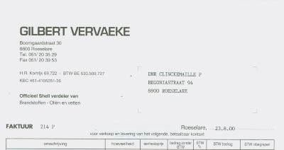 Factuur Gilbert Vervaeke, Roeselare voor dhr Clinckemaillie P., Roeselare van 23 augustus 2000.