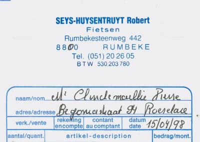 Kasticket van Seys-Huysentruyt Robert, Rumbeke voor Mr Clinckemaillie Pierre, Roeselare van 15 april 1998. 