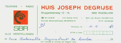 Factuur van Huis Joseph Degrijse, Roeselare voor M. Pierre Clinckemaillie, Roeselare van 12 december 1983.