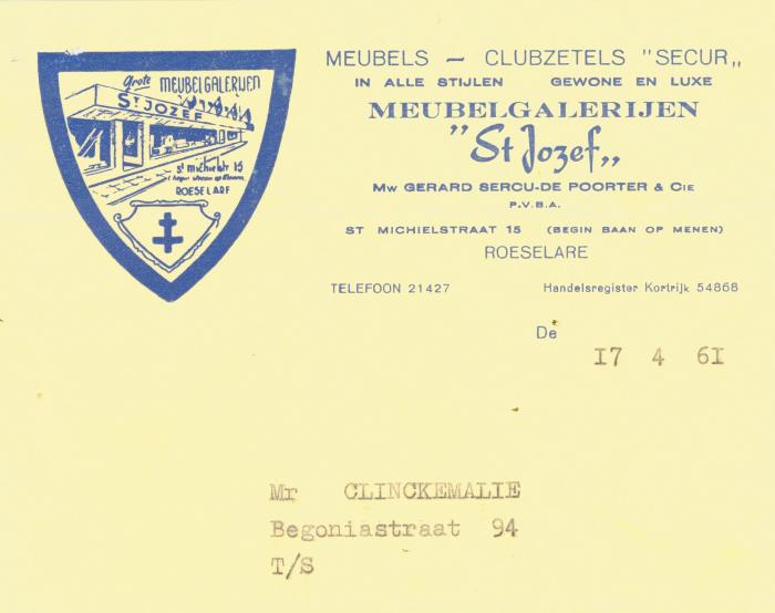 Kasticket van meubelgalerijen St Jozef, Roeselare voor de heer Clickemaillie van 17 april 1961.