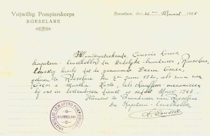 Contract bestendigen dienst van Decru Oscar bij het vrijwillig pompierskorps van Roeselare, opgesteld 26 maart 1945.