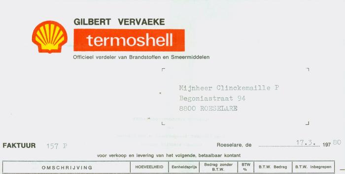 Factuur Gilbert Vervaeke uit Roeselare voor M. Clickemaillie P. in Roeselare van 17 maart 1980.