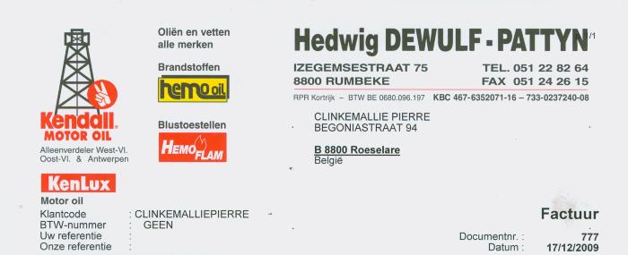 Factuur van Hedwig Dewulf-Pattyn, Rumbeke voor Clinckemallie Pierre van 17 december 2009.